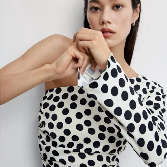 Mango Asymmetrical Black and White polka dot  Dress - Picture 3 of 5